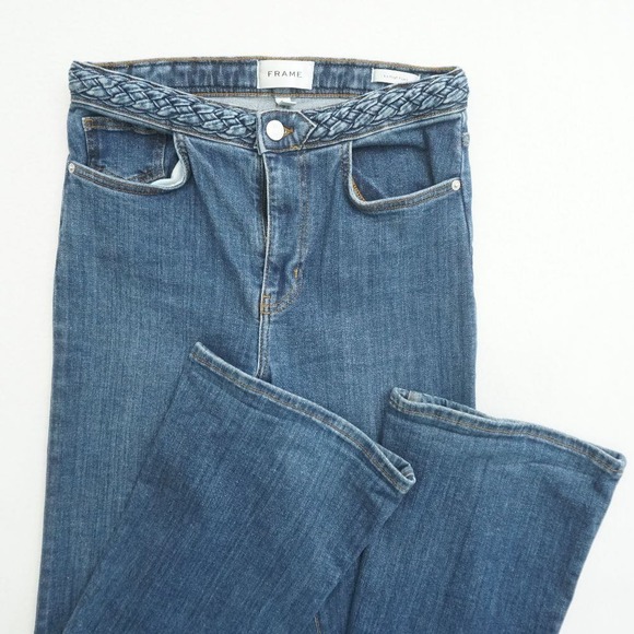 FRAME Le High Flare Jeans Women's Size 27 Denim Braided Waist Dark Wash - Picture 1 of 10